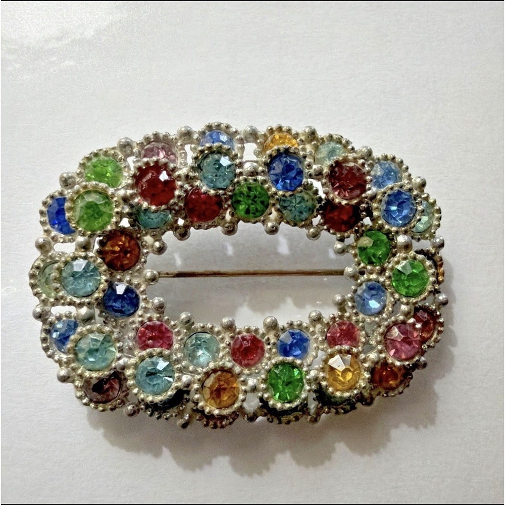 Vintage Fruit Salad Rhinestone Brooch Art Deco Oval Layered Rainbow Pot Metal
